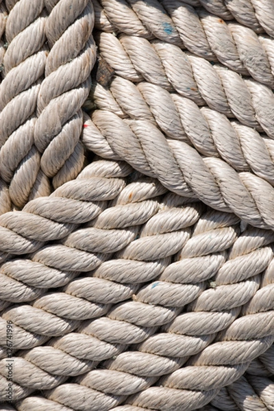 Fototapeta Deck and ropes, rigging on a wooden tall ship sail yacht. Close up view