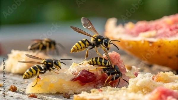Obraz Wasps Feasting on Fruit: A close-up view of a group of yellow and black striped wasps clustered on a piece of fruit, their wings buzzing as they devour the sweet, juicy treat.