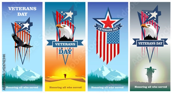 Fototapeta Veterans Day. Honoring all who served. Set greeting cards to veterans day. Vector colored Image.