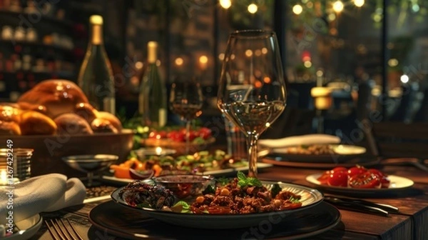 Fototapeta A cozy dinner setup with a wine glass for dinner, surrounded by gourmet dishes,