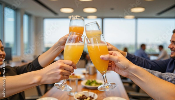 Fototapeta Group celebrating with cheers and drinks at a modern office for blogs, websites, corporate events, party invitations, social gatherings, and marketing materials