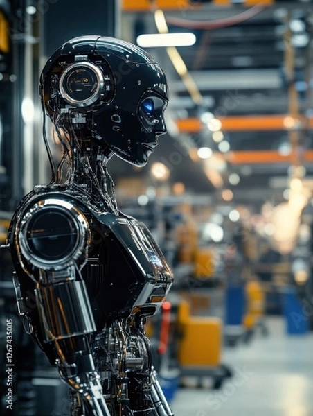 Fototapeta A humanoid robot working in an advanced factory setting, highlighting automation and the future of manufacturing.