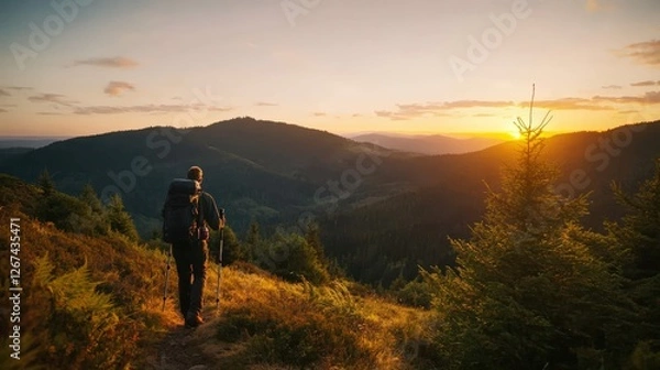 Fototapeta Silhouette of a hiker standing on a mountain peak admiring a colorful sunset view in the background