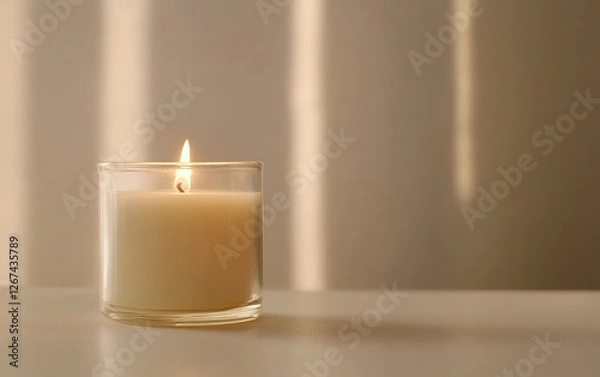 Fototapeta Minimalist aesthetic scented candle with warm flickering flame in a transparent glass jar placed on a soft neutral surface with cozy ambient lighting