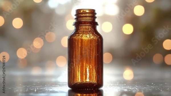 Fototapeta Close-up of a vintage amber glass bottle on a reflective surface with bokeh lights in the background