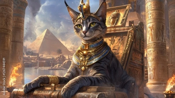 Fototapeta Majestic Egyptian Cat Goddess: A Royal feline enthroned amidst ancient pyramids and temples, adorned in gold and jewels, overlooking a serene landscape.