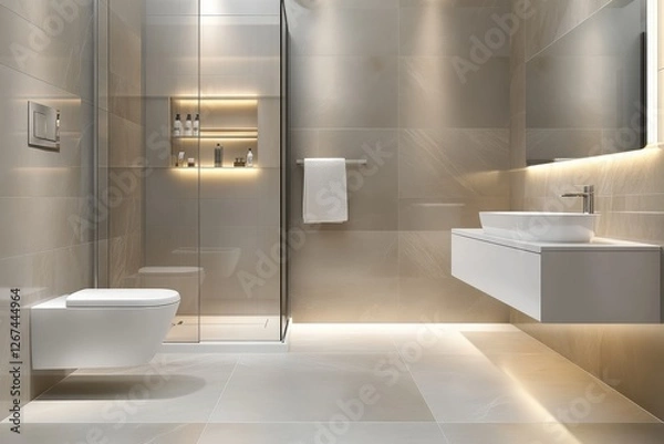 Obraz Modern minimalist bathroom with built-in laundry area, white decor, and elegant lighting