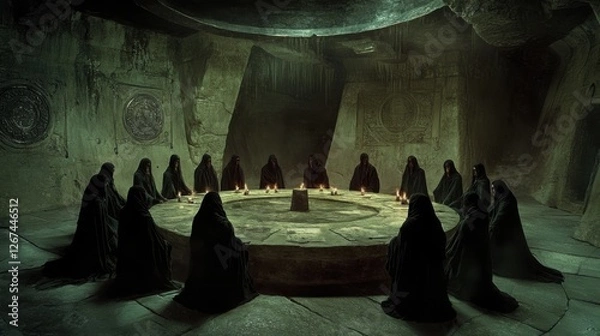 Fototapeta Mysterious Gathering: A Coven in a Stone Chamber