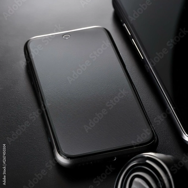 Fototapeta A close-up of a matte black ceramic surface with smooth, sleek texture and showcasing a mobile phone 
