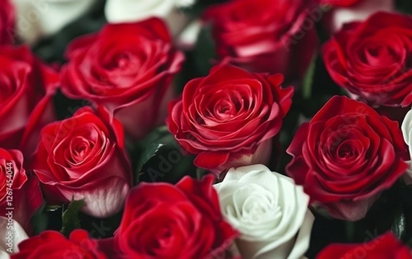 Fototapeta Beautiful bouquet of red and white roses in full bloom featuring lush petals and vibrant colors high-resolution macro photography for floral and wedding themes