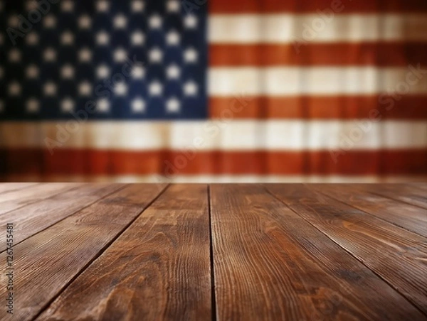Fototapeta A wooden table foreground with a blurred American flag background, evoking a sense of patriotism and Americana.