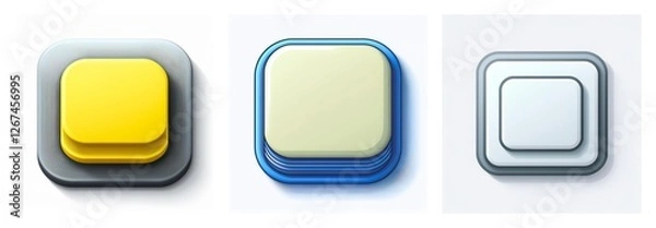 Obraz Three stacked squares with rounded corners in yellow, blue, and white/grey hues, creating a layered, interface element look with soft shadows.