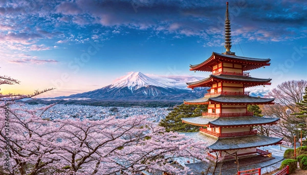 Obraz 富士山と桜と五重塔