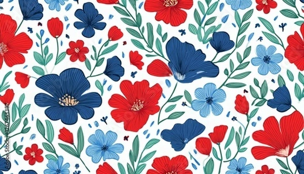 Fototapeta seamless pattern with red and blue flowers on white background hand drawn floral pattern for your fabric summer background wallpaper backdrop textile  illustration