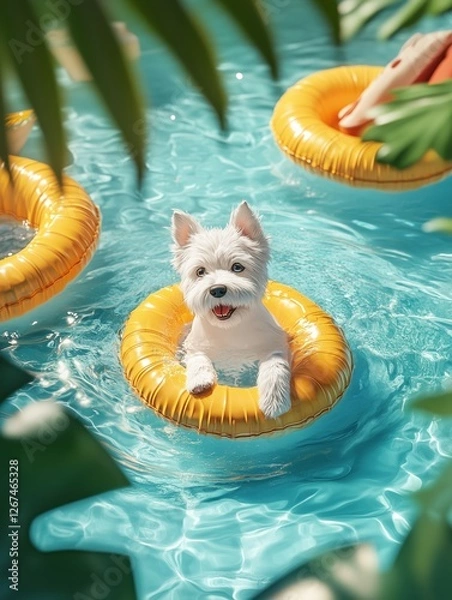 Obraz A funny white dog swims in a swimming circle in the pool. 3D illustration. A sunny summer day. Children's illustration. Holidays with pets, summer, heat. Learning to swim