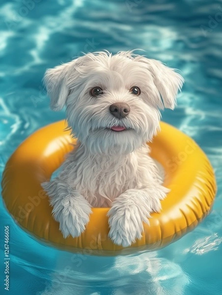 Obraz A funny white dog swims in a swimming circle in the pool. 3D illustration. A sunny summer day. Children's illustration. Holidays with pets, summer, heat. Learning to swim