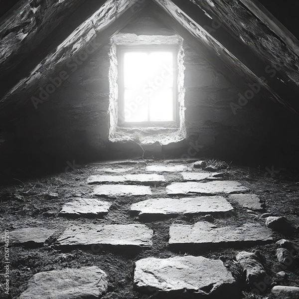 Fototapeta A window in a dark room with a stone floor