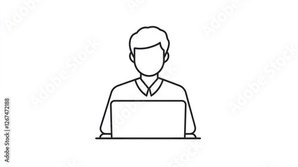 Fototapeta Simple line art of person working on laptop.  Possible use for education,  iconography, user interface design