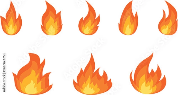 Fototapeta The flame of the campfire burns red. Collection of signs of danger of ignition of a forest fire facility. Bright cartoon fire drawing. An orange flammable sign isolated on a white background. Vector