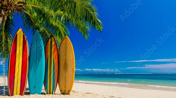 Fototapeta A row of surfboards lined up on a beach next to a palm tree