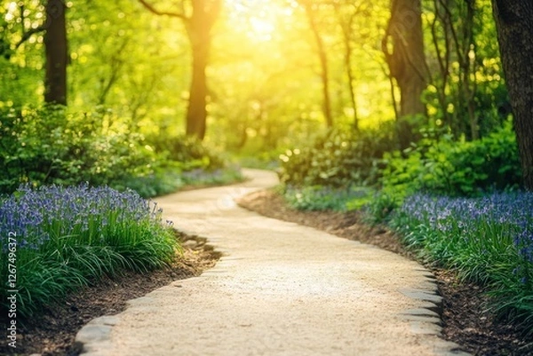 Fototapeta Serene Nature Pathway with Sunlight and Blooming Bluebells in a Lush Green Forest Setting