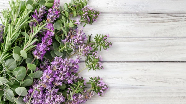 Obraz Fresh lavender, rosemary, and eucalyptus on wooden background