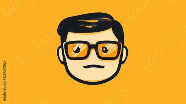 Fototapeta A minimalist cartoon avatar of a serious man wearing glasses with a bold yellow background representing intelligence simplicity and digital identity

