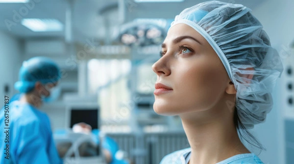 Fototapeta focused medical professional in surgical attire, contemplating in hospital setting. atmosphere conveys dedication and care in healthcare