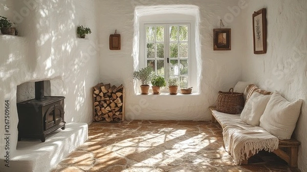 Fototapeta Sunlit Spanish countryside cottage room with wood stove and seating area