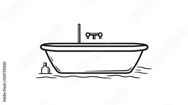 Fototapeta Simple line art of a bathtub with faucet and small bottle. Possible use  Illustrations, design elements, home decor