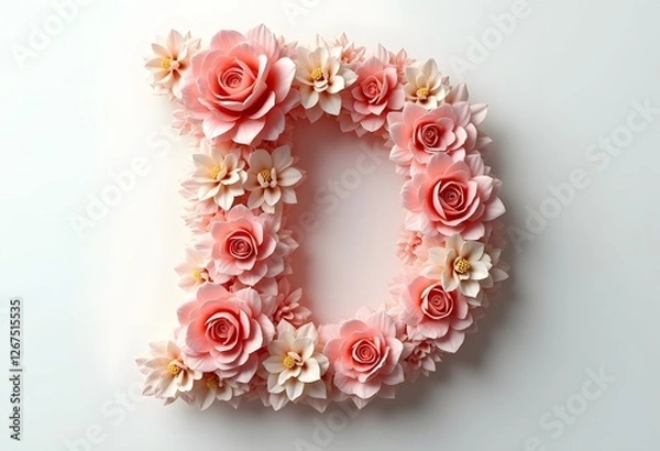 Fototapeta Letter D made with flower and leaves on bright white background. Floral mother's day alphabet concept. Spring blossom, valentine or romantic font collection. Flat lay, top view.
