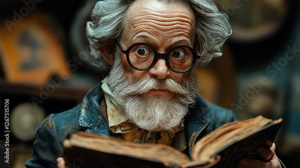 Obraz A man dressed as Willy Wonka from the classic film, holding an open book in his right hand. He appears to be engrossed in reading from it. The background is filled with various objects including shelv