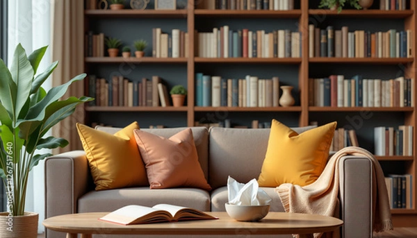 Fototapeta Warm and inviting therapy room with comfortable couch, psychology books in the background, serene atmosphere
