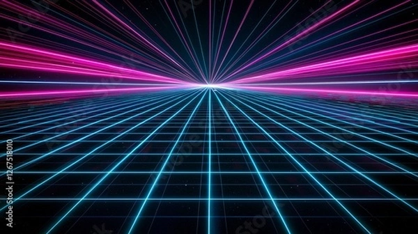 Obraz Retro Futuristic Grid with Neon Lights, Vibrant Pink and Blue Laser Beams, Digital Cyber Landscape, Classic 80s Aesthetic, Glowing Grid Lines, High-Tech Virtual Environment, Abstract and Dynamic Scene
