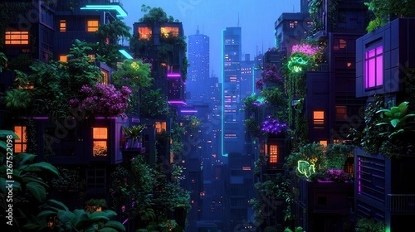 Obraz A cyberpunkinspired city with neon flowers growing from robotic structures