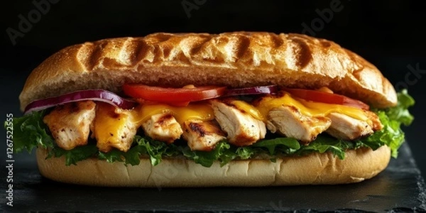 Fototapeta Grilled chicken sandwich with cheddar cheese and fresh vegetables served on a toasted bun in a cozy setting