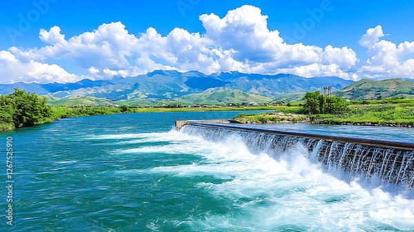 Obraz Cascading Dam Water Under a Blue Sky Mountain View in the Countryside Landscape Photo