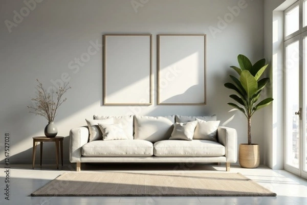 Fototapeta Serene Minimalist Living Room Interior Design Featuring a Comfortable Sofa, Neutral Color Palette, and Natural Light