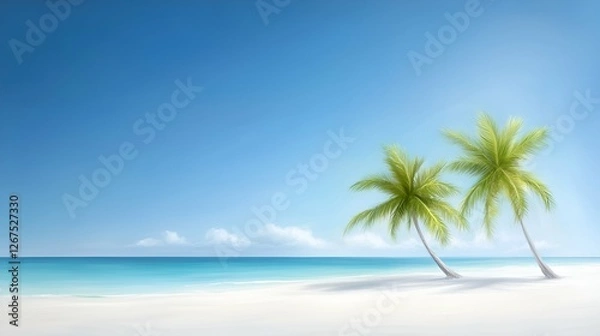 Fototapeta Tropical palm trees sway gently on a white sand beach overlooking the turquoise ocean