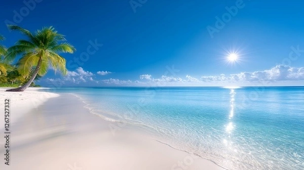 Fototapeta Turquoise waters lap the sandy shore of a tropical beach paradise dotted with palm trees under a sunny sky