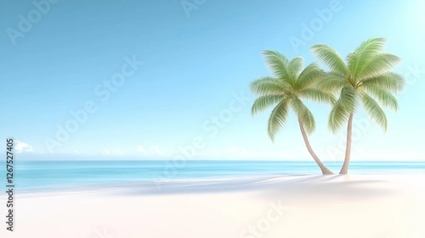 Fototapeta Tropical palm trees sway gently on a white sand beach overlooking the turquoise ocean