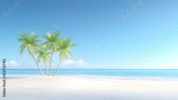 Fototapeta Tropical palm trees sway gently on a white sand beach overlooking the turquoise ocean
