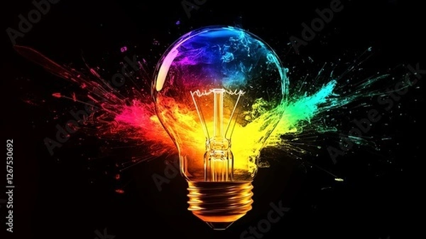 Fototapeta Creative thinking symbolized by a light bulb, glowing filament, light rays bursting out, colorful sparks of innovation, abstract representation of ideas, modern and sleek design