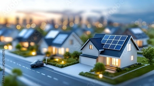 Fototapeta A white house with solar panels on the roof located on a road in a village setting, showcasing modern architecture and residential property