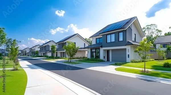 Fototapeta Modern house on a city street with a front yard and garage, featuring luxury architecture and a residential park setting