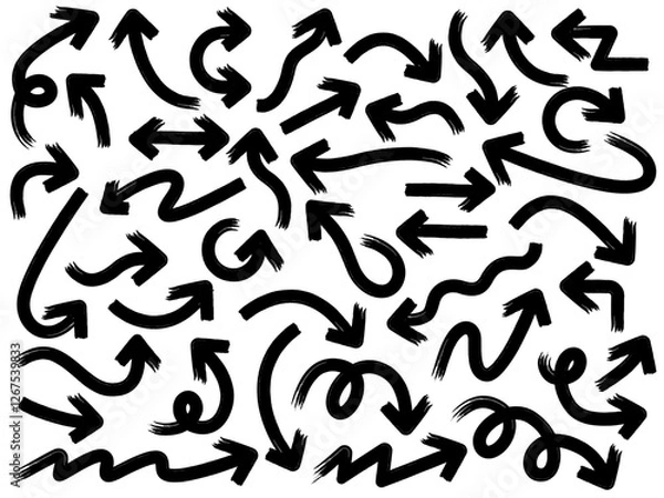 Fototapeta Hand drawn arrow vector icons set. Sketch arrow design for business plan and education. Set of brush arrows black icons. Circle arrows, rotate arrow, redo process symbol.