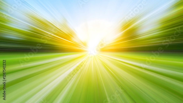 Fototapeta Abstract light bursts from blurred green and gold, radiating outward toward a blue sky.