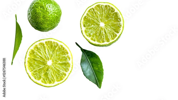 Fototapeta Fresh bergamot fruit, halved to reveal its vibrant interior, accompanied by lush green leaves. Isolated on a transparent background.