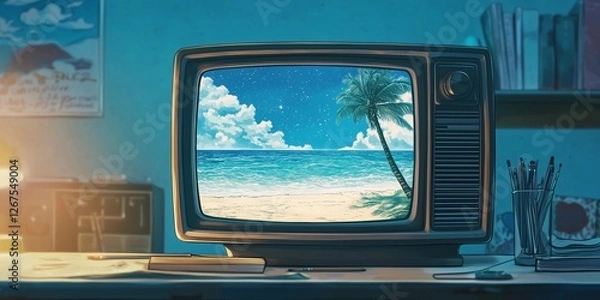 Fototapeta Vintage television shows a serene beach scene with palm trees and a starry sky in the background
