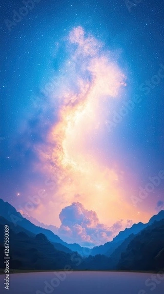 Fototapeta Majestic nebula over mountain range nighttime landscape serene environment wide angle cosmic concept
